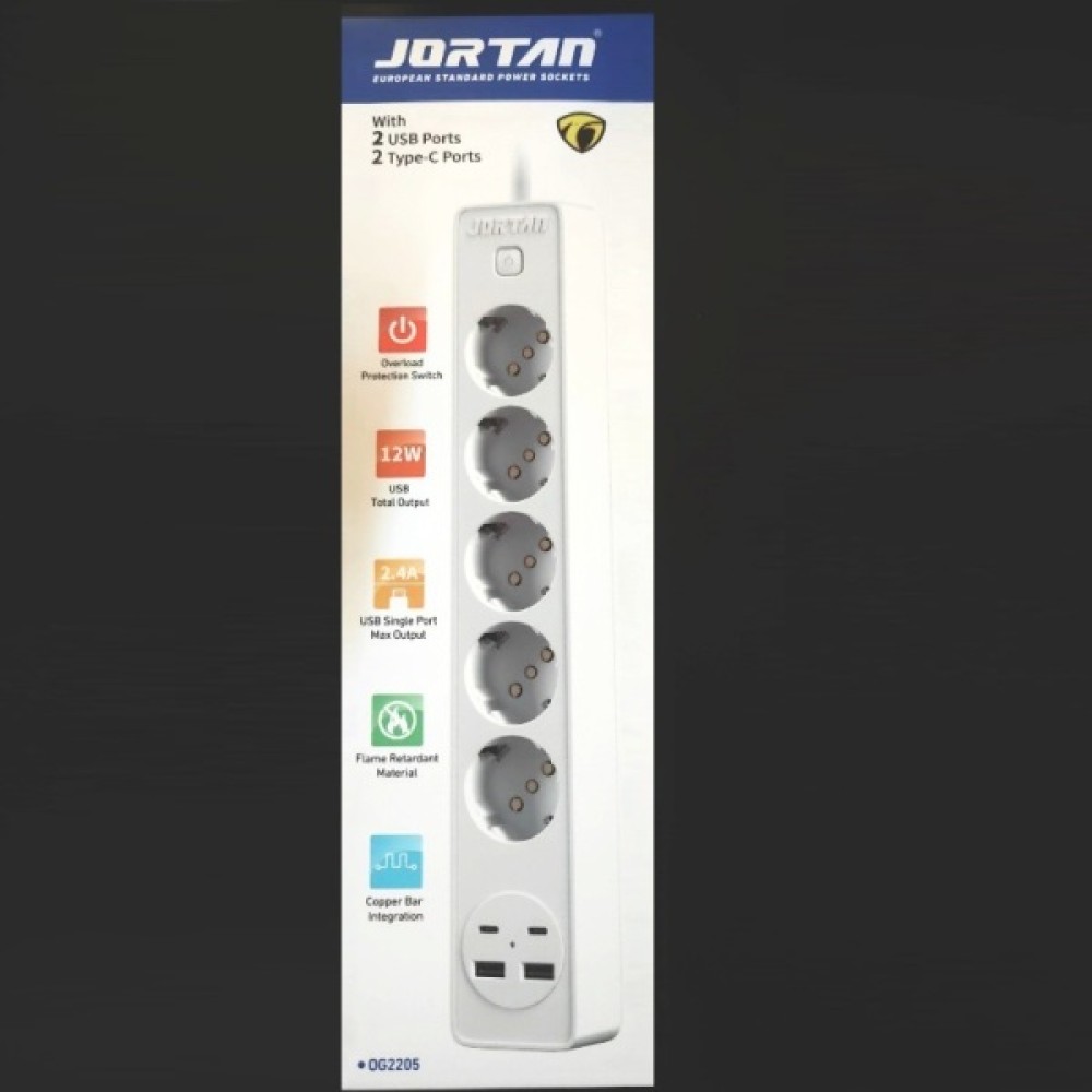 Πολύπριζο 5 θέσεων, 2 θύρες USB , 2 θύρες  Type-C λευκό OG2205 Jortan