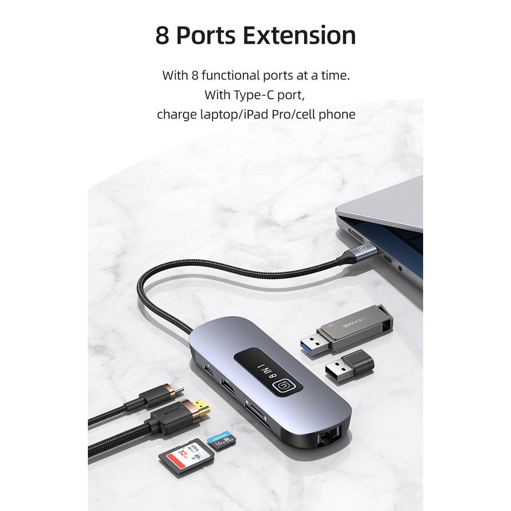 USAMS docking station US-SJ643, 8 θυρών, USB-C, 4K, 100W PD, LAN, γκρι