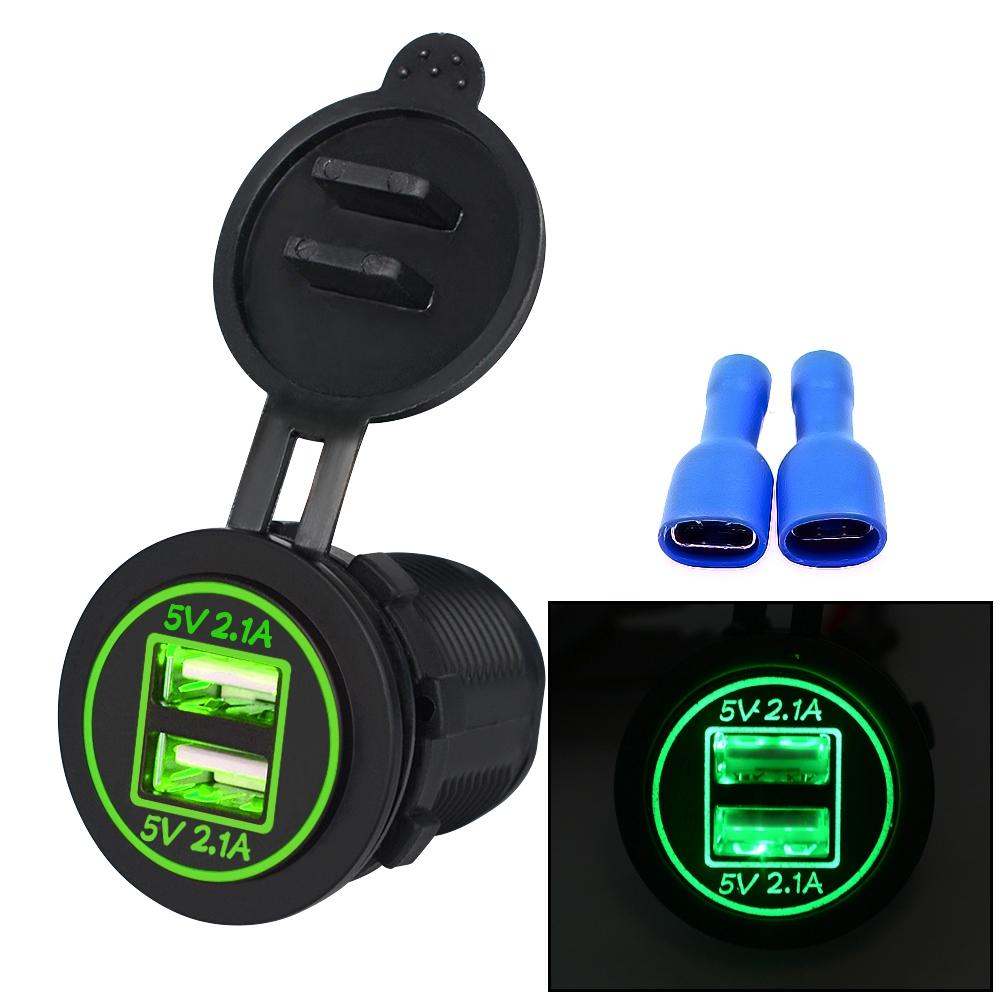 Universal Car Charger 2 Port Power Socket Power Dual USB Charger 5V 4.2A IP66 with Aperture(Green Light)