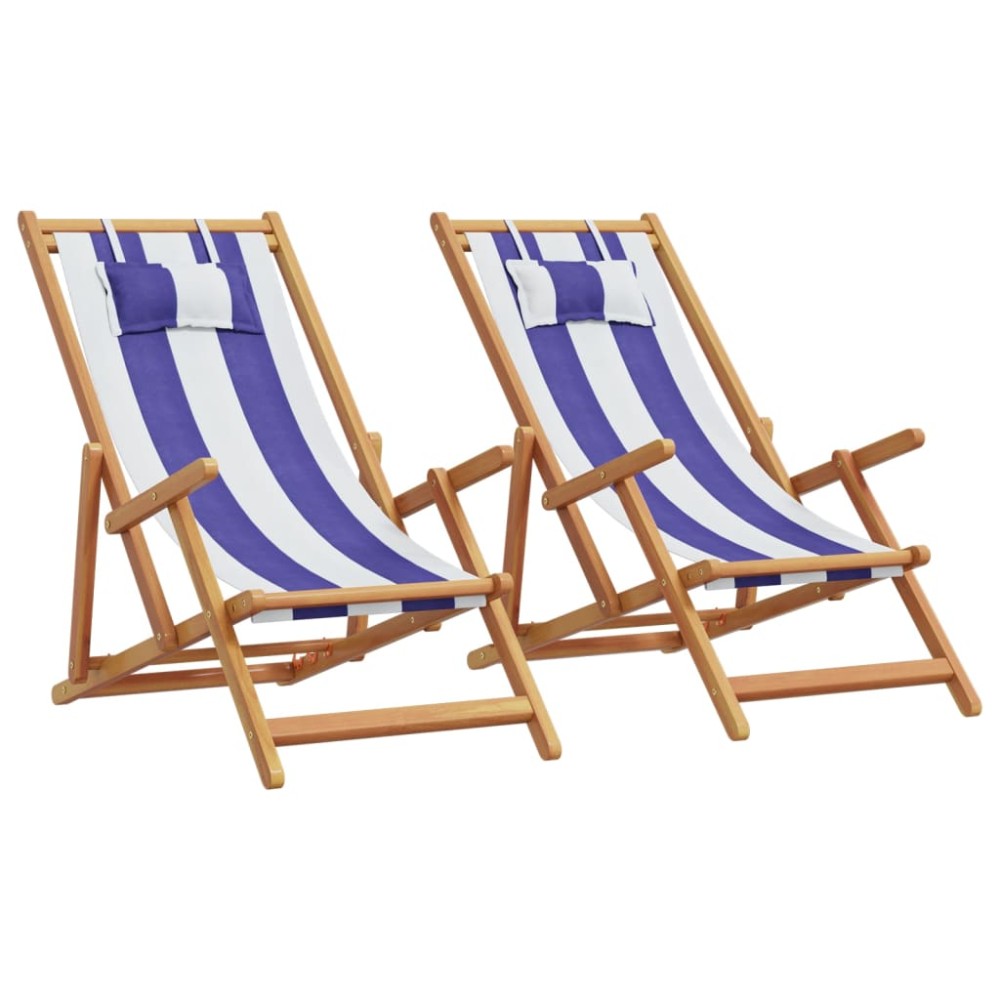 vidaXL Καρέκλες Παραλίας Πτυσσόμενες 2τεμ Μπλε/Λευκό Ύφασμα/Μασίφ Ξύλο