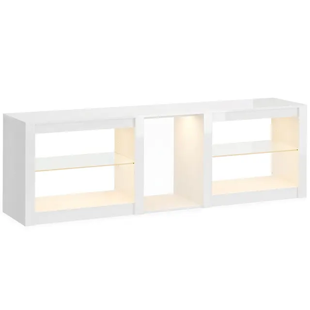 TV-Lowboard με RGB-LED φωτισμό, Σύγχρονο έπιπλο τηλεόρασης με ρυθμιζόμενα γυάλινα ράφια, για τηλεοράσεις έως 75 ίντσες, Λευκό