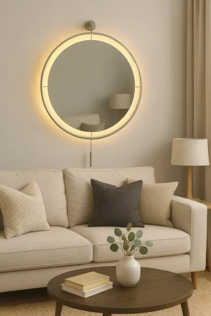 Μεγάλος διακοσμητικός καθρέφτης τοίχου με LED και μεταλλικό πλαίσιο Ασημί 60x80 cm